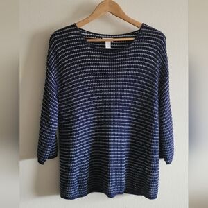 Chico's metallic striped loose knit pullover Women's Large navy blue, silver